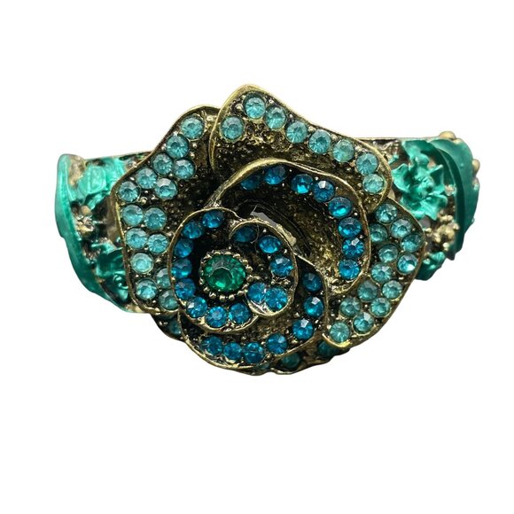 Green Blue Crystal Flower Hinged Bangle Bracelet Wedding Party/cocktail Date Nig - Picture 1 of 6